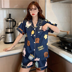 Fashion Print Pajama Sets Silk Pajamas Korean Style Cute Short Sleeve Nightgown Comfort Two Piece Suit