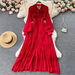 New waist slimming bow tie straps pleated dress celebrity temperament lotus leaf edge big long skirt