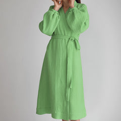Early spring new French solid color cardigan nightgown double gauze cotton casual fashion home pajamas female cotton
