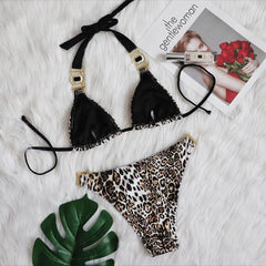 Women's bikini swimsuit European and American ins net red wind vacation sexy leopard print diamond low waist gather split swimsuit