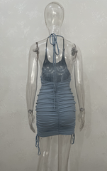 Cryptographic Halter Ruched Drawstring Solid Bodycon Dress Women Club Party Hot Backless Sleeveless Summer Mini Dresses