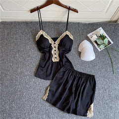 Pajamas Woman sleepwear Summer Satin Nightwear Two Piece set Suit casual Camisole and shorts set Nightgown Soft Home Clothing Lace Patchwork Homewear