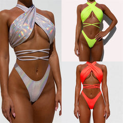 New Silver Bikini Personality Strap Halter Swimsuit