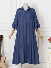 ZANZEA Women Elegant Dresses Solid Turn-Down-Collar Three Quarter Sleeves Calf Length Dress Fashion Holiday Casual Loose Ladies Vestido Plus Size