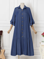 ZANZEA Women Elegant Dresses Solid Turn-Down-Collar Three Quarter Sleeves Calf Length Dress Fashion Holiday Casual Loose Ladies Vestido Plus Size