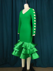 AOMEI Long Green Party Dress Spring 2023 Women Mermaid Bodycon Dress Long Sleeve Cut Out Tierred Ruffle Trim Modest Formal New