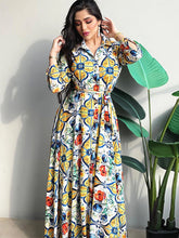 Ethnic Print Maxi Dress for Women 2022 Lapel Single-breasted Dubai Floral Abaya Arabic Oman Middle East Muslim Clothes