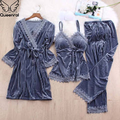 Queenral 3pcs Gold Velvet Pajamas Set For Women Warm Pyjama Lace Pajamas Winter Sleepwear Nightdress Homewear Pijamas