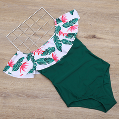Plus size bikini swimsuit European and American big ruffles one-shoulder print swimsuit