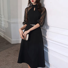 Ladies Halter Sleeve Short Party Dress Fashion Perspective Sleeve Black Party Evening Dress