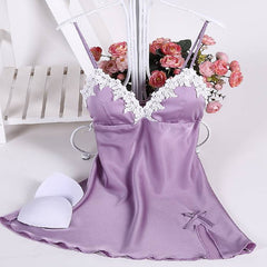 Night Sleep Halter Dress Women Underwear Lingerie Sling Lace V Neck Nightdress Sleeveless Satin Silk Nightgown
