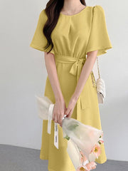 ZANZEA Women Elegant Dresses Solid O-Neck Short Sleeve Mid-Calf Length Dress Fashion Holiday Casual Loose Ladies Vestido Plus Size