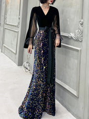 Ladies V-neck Long Long Sleeve Slim Mermaid Party Dress Banquet Evening Dress Luxury Elegant Party Dress