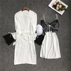 women Sleepwear set summer Ice silk Satin Pajamas 2-piece set V-Neck Lace Sling nightdress and Bathrobe set female homewear solid color casual Pajama