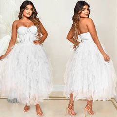 European and American dress fashion solid color hot drill tube top fluffy mesh dress women's