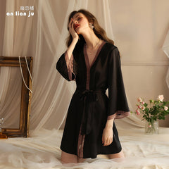 New seductive sexy pajamas Women's ice silk pajamas desire bathrobe Long sleeve silk lace pajamas Home wear