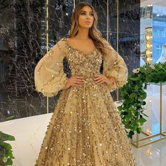 New golden heavy beaded luxury evening dress for ladies high-end aura queen dress