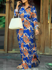 فوندا نساء بوهو خمر نمط عشوائي مطبوعة ماكسي فساتين طويلة سبينغ الخريف عادية فضفاض التلبيب كم طويل غير المتكافئة هيم فيستيدوس