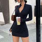 Autumn Winter Stretch Slim Soft Ribbed Knitted Turtleneck Dress Woman Fashion Solid Black Casual Bodycon Zip Dress