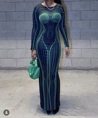 فستان نسائي جديد على الطراز الأوروبي والأمريكي مطبوع بدون ظهر وياقة دائرية وأكمام طويلة