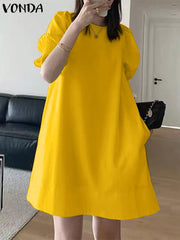 فوندا فساتين أنيقة للنساء 2022 حلوة الصلبة مطوي الأكمام نفخة تكدرت ألف خط فساتين فيستدوس بوهو حزب الصيف عارضة زائد حجم فستان قصير