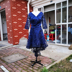 Ladies Front Short Back Long V-neck Sleeve Party Evening Dress