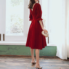 Ladies mid-length mid-sleeve velvet V-neck banquet evening dress fashion party dress