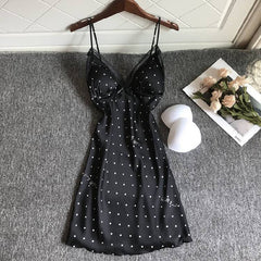 Summer Lace Dot Nightgown Women Thin Out Ice Silk Strap Chest Pad Nightdress