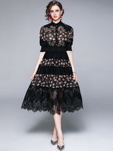 Temperament dress women's stand collar waist slim A-line midi skirt