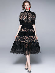 Temperament dress women's stand collar waist slim A-line midi skirt