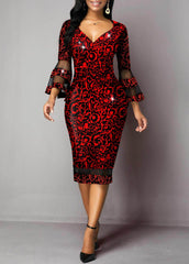 Ladies Printed Trumpet Sleeve Dress V-neck Elegant Mesh Stitching Package Hip Skirt