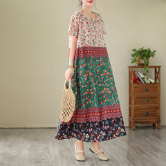 Summer cotton and linen women's national style color contrast stitching V-neck robe loose large size women's short-sleeved dress female