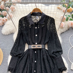 French Simple Fashion Lapel Crochet Hollow Lace Dress