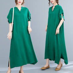 2023 summer new fat mm loose lotus leaf sleeve V-neck long dress femininity foreign style elegant dress