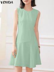 VONDA Elegant Mini Dress 2023 Women Summer Solid Color Short Sleeve Sundress Fashion Casual Loose Party Streetwear Vestidos