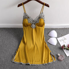 Summer new sexy ice silk suspenders nightdress with chest pad pajamas ladies silk home clothes Korean version girlfriends