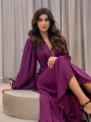 Purple deep v waist press pleated gown dress