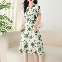 Sui La V-neck age-reducing chiffon floral waist dress women's summer temperament and meat-covering long skirt