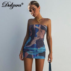 Tie Dye Print Women Tube Mini Dress Bodycon Sexy Streetwear Party Elegant Club 2022 Summer Festival Clothes Y2K