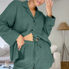 Cotton Sleepwear Women Pajama Turn Down Collar Suits With Shorts Long Sleeve Pajamas For Sleep Nightgowns Casual Nightwear