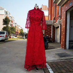 Ladies mid-sleeve long lace banquet wedding dress L525