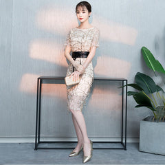 سيدتي فستان سهرة أنيق مثير نحيف مزين بالترتر وشرابات لحفلات العروس