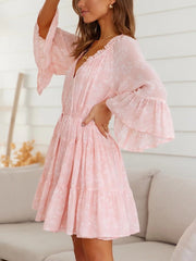 Women Sweet Pink Color Mini Dress Casual V Neck Flarel Sleeve Dress With Bow Sashes Ladies Fashion Elegant A Line Dress
