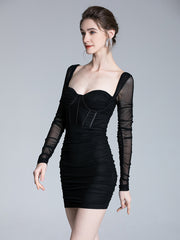 Long Sleeve Bodycon Dress Halter Boning Corset Dress Sexy Mesh Late Club Party Dress Mini Autumn Dress Women 2022