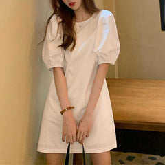 Women Summer Dress VONDA 2022 Elegant Party Dresses Short Puff Sleeve O Neck Casual Solid Color Mini Sundress Pleated Vestidos