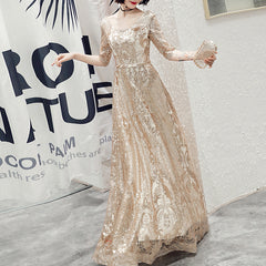 Ladies Long V-neck Sleeve Party Evening Dress Champagne Sequin Party Dress