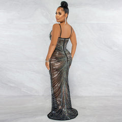 European and American mesh hot diamond deep V sexy tight evening dress women's dress