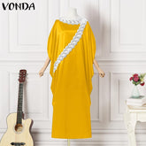 VONDA Elegant Dresses For Women 2022 Vintage Solid Round Neck Bat Sleeve Loose A-Line Vestidos Bohemian Party Casual Summer Plus Size Long Dress