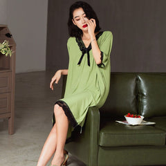 Patchwork Lace V-neck Women Nightgowns Knee-length Sexy Elegant Thin Half Sleeve Summer Homewear Fashion Chic Soft Leisure