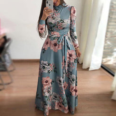 Autumn And Winter Women New Style 2022 Dress Print Street Long-sleeved High-neck Tie Long Casual